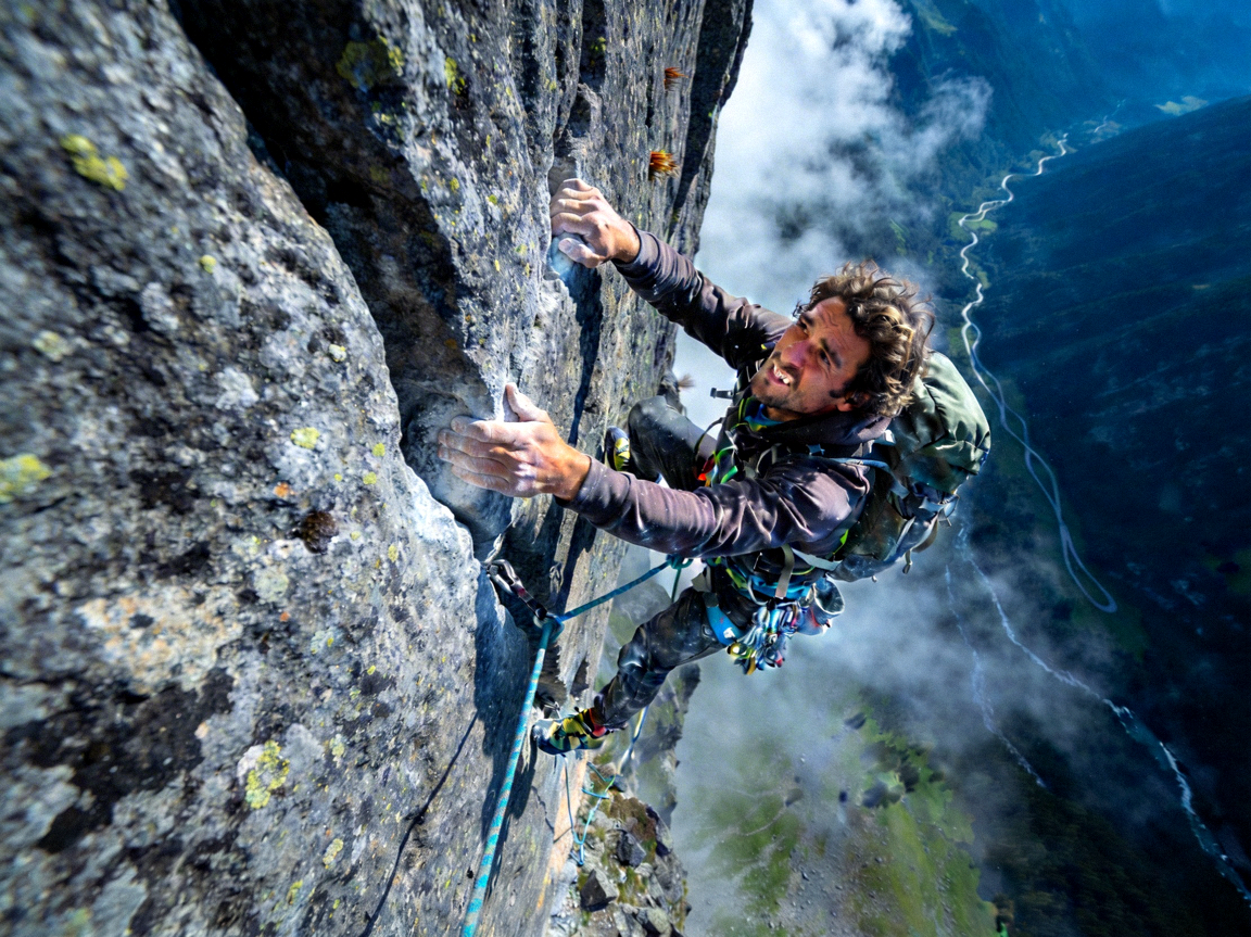 登山运动员在陡峭岩壁上攀爬的惊险瞬间